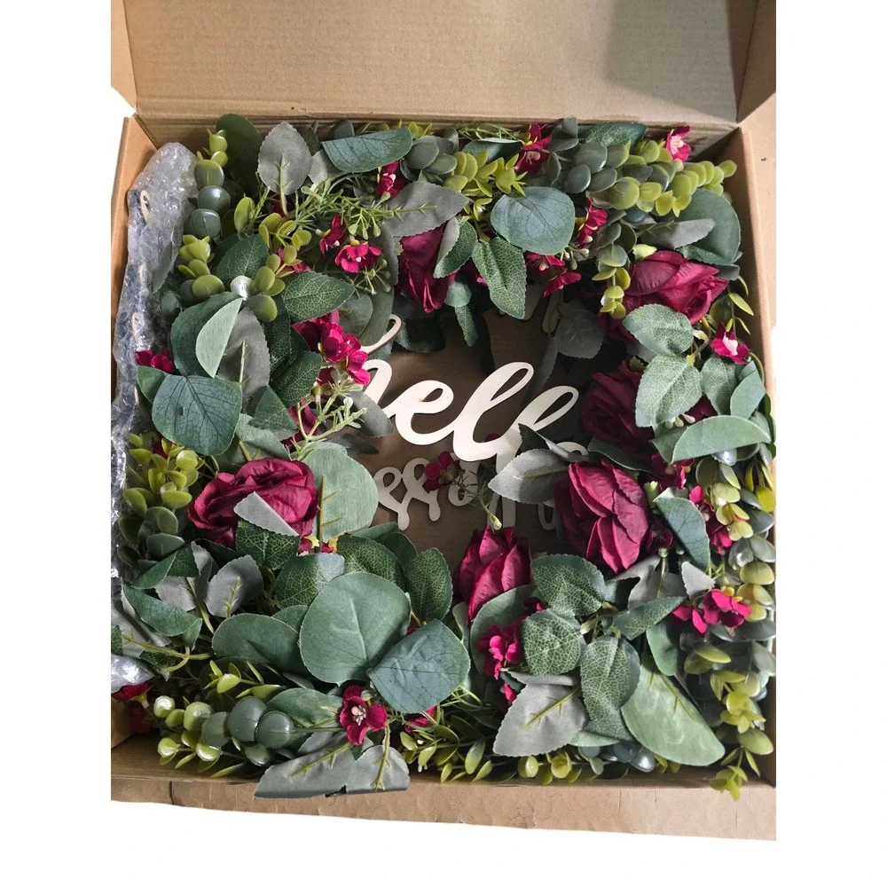 Hello Blessed Welcome Floral Wreath Front Door Decor Artificial Flower Wreath